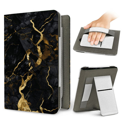 Onyx Gold Marble Kindle case — elastic hand strap and fold-out stand on the back