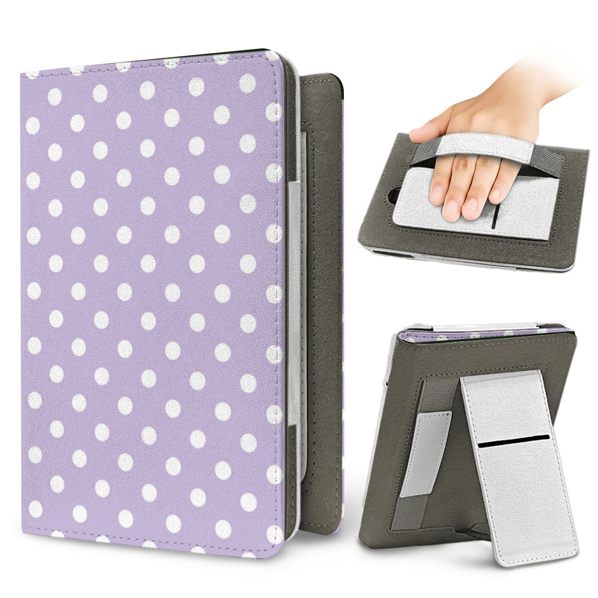 Lilac Polka Dot Kindle case — elastic hand strap and fold-out stand on the back