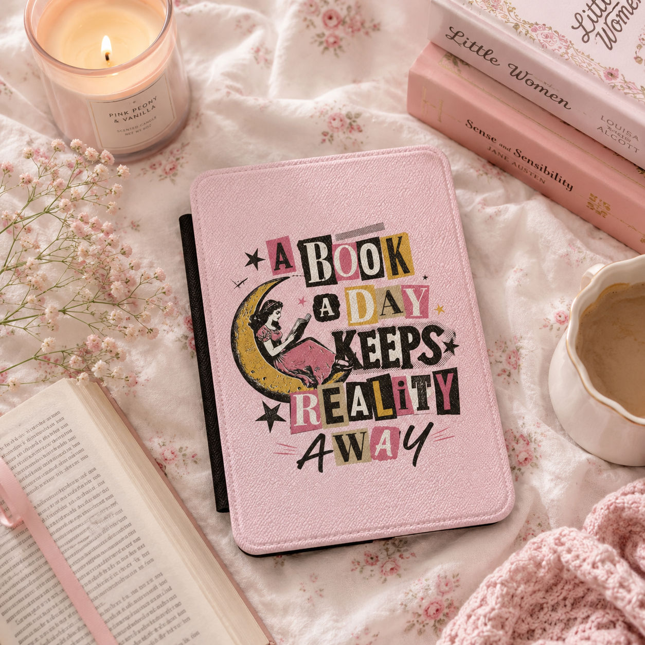A Book a Day Keeps Reality Away Kindle case shown at an angle