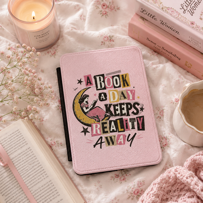 A Book a Day Keeps Reality Away Kindle case shown at an angle