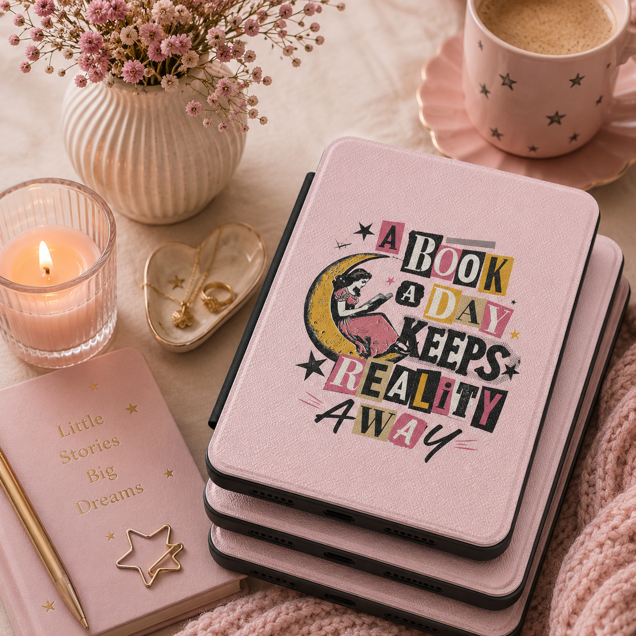 A Book a Day Keeps Reality Away Kindle case front cover — bookish slogan print