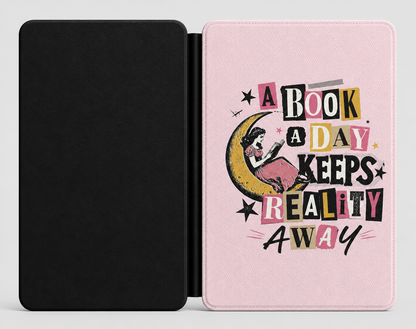 A Book a Day Keeps Reality Away Kindle case open showing e-ink Kindle on right interior panel