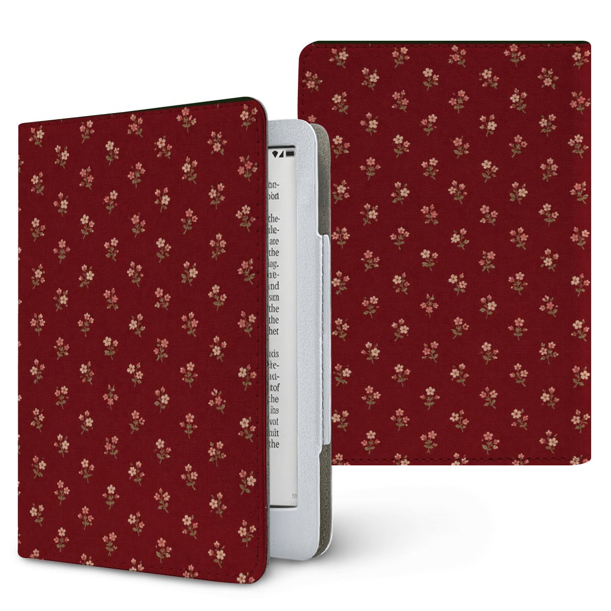 Burgundy Ditsy Floral Kindle case — tiny cream flower sprigs on deep burgundy, printed front and back