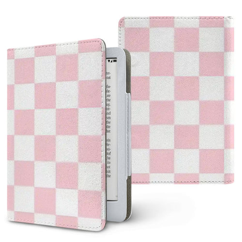 Pink & White Checkerboard Kindle case, printed front and back, fits Kindle Paperwhite 6.8 and 7 inch and Colorsoft