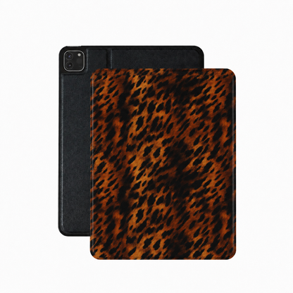 Amber leopard print iPad case in gold and black vegan Saffiano leather — animal print folio