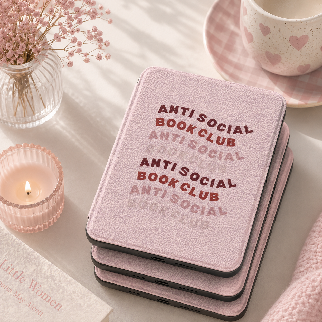 Anti-Social Book Club Kindle case shown at an angle