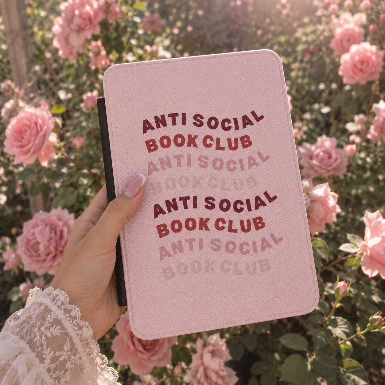 Close-up of Anti-Social Book Club Saffiano Kindle case