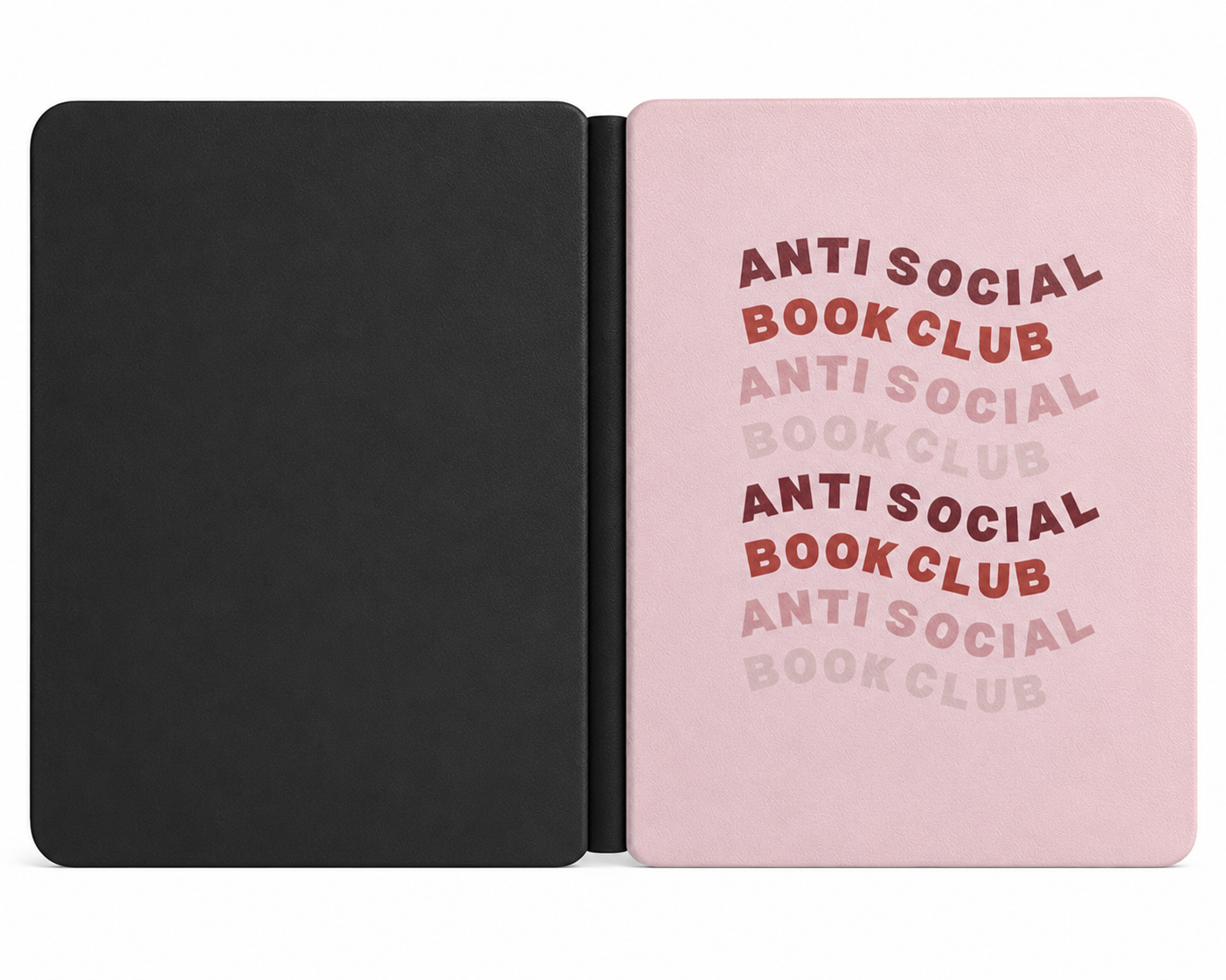 Anti-Social Book Club Kindle case open showing e-ink Kindle on right interior panel
