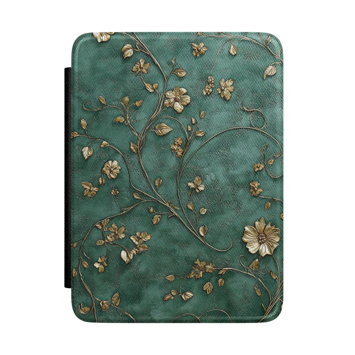 Deep teal Kindle Paperwhite case with antique gold blossoms front cover — Maison Noir ornate floral gift