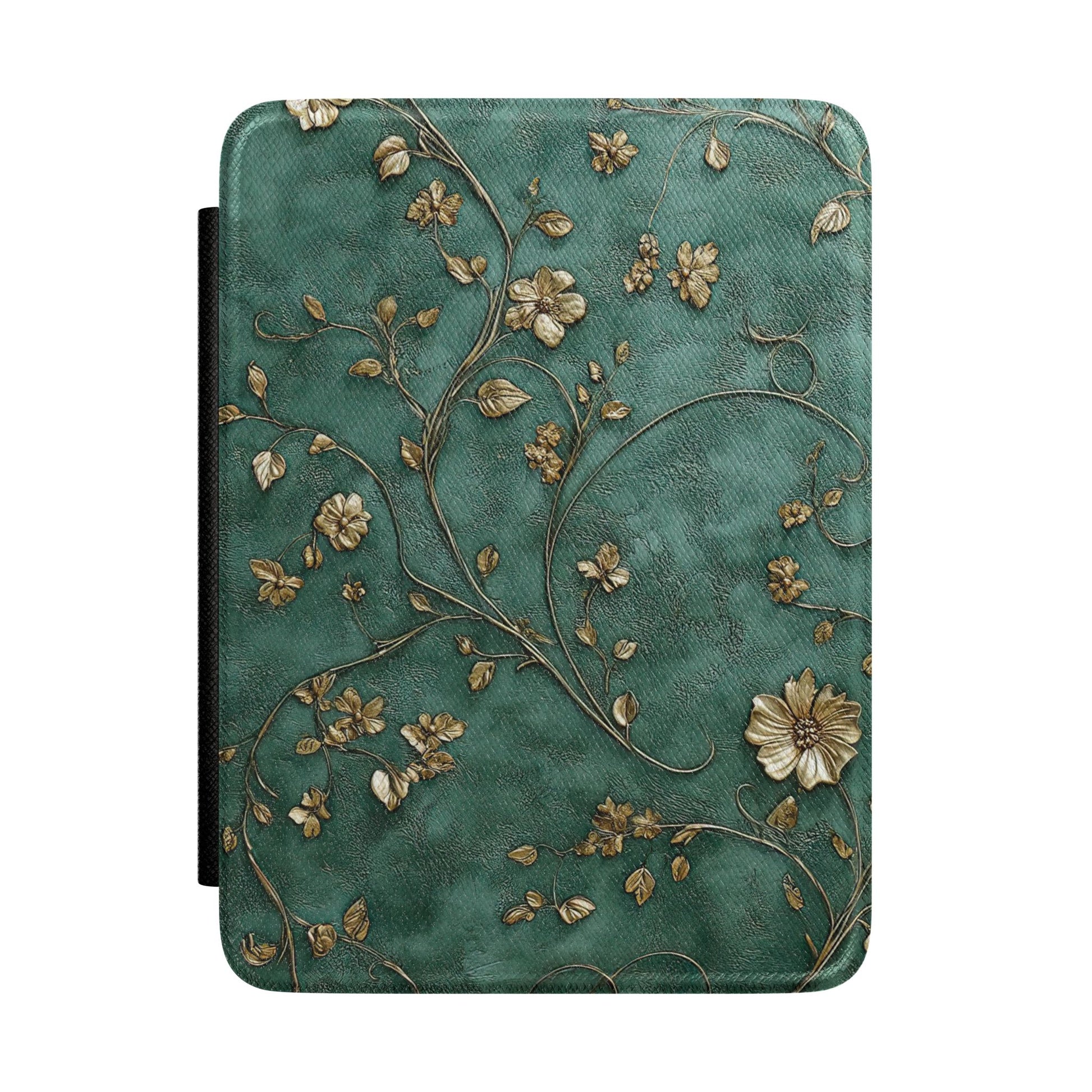 Deep teal Kindle Paperwhite case with antique gold blossoms front cover — Maison Noir ornate floral gift