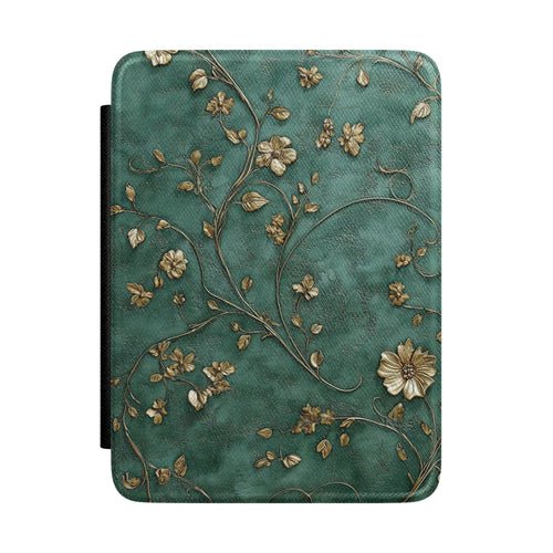 Deep teal Kindle Paperwhite case with antique gold blossoms front cover — Maison Noir ornate floral gift