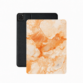 Apricot marble iPad case in warm orange and cream vegan Saffiano leather — veined stone print