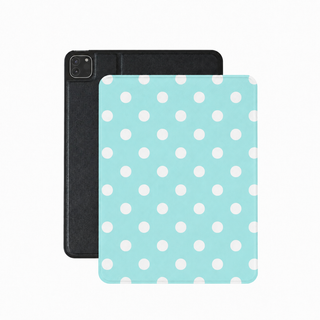 Aqua polka dot iPad case in blue vegan Saffiano leather — white spots on aqua