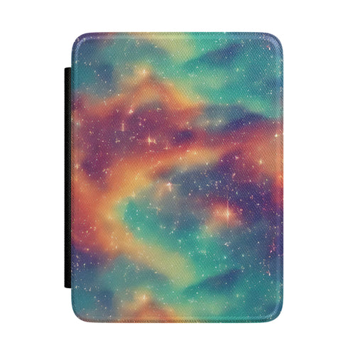 Teal amber and plum nebula Kindle Paperwhite case with stars front cover — Dark Romantasy celestial gift