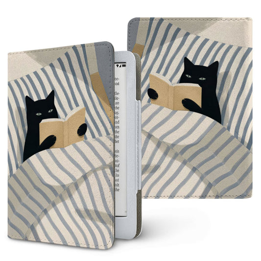 Reading Cat in Bed Kindle case, printed front and back, fits Kindle Paperwhite 6.8 and 7 inch and Colorsoft