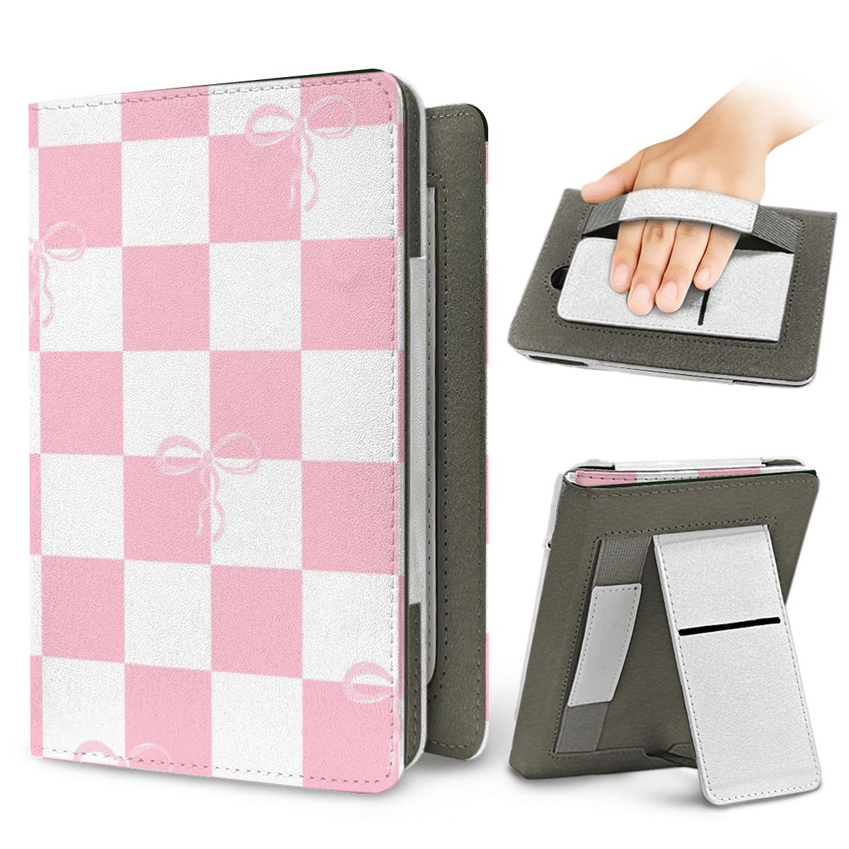 Pink Bow Check Kindle case — elastic hand strap and fold-out stand on the back
