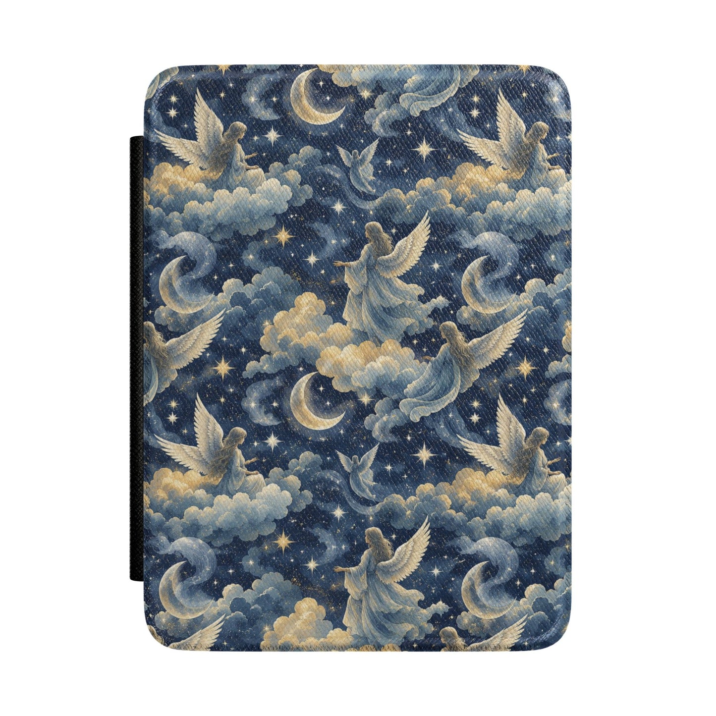 Midnight blue Kindle Paperwhite case with gold angels, crescent moons and stars front cover — Dark Romantasy celestial gift