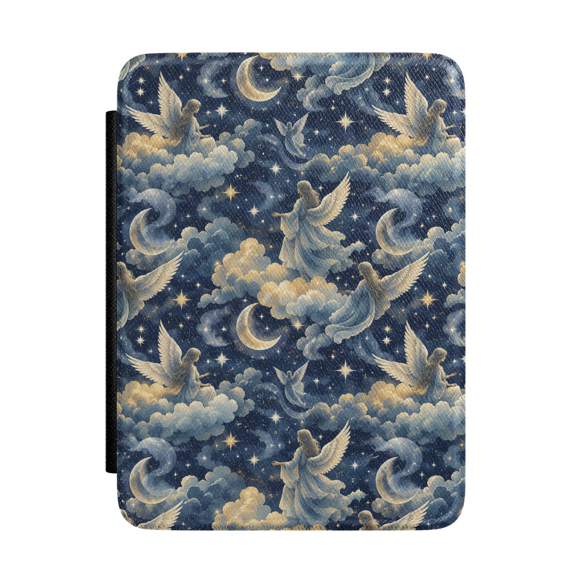Midnight blue Kindle Paperwhite case with gold angels, crescent moons and stars front cover — Dark Romantasy celestial gift