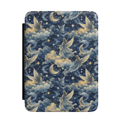 Midnight blue Kindle Paperwhite case with gold angels, crescent moons and stars front cover — Dark Romantasy celestial gift