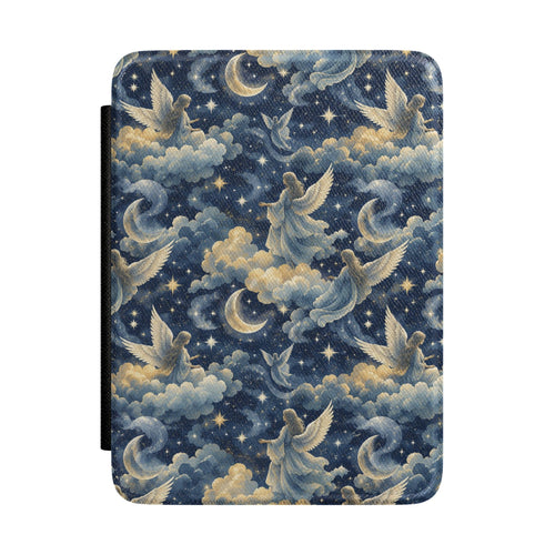 Midnight blue Kindle Paperwhite case with gold angels, crescent moons and stars front cover — Dark Romantasy celestial gift