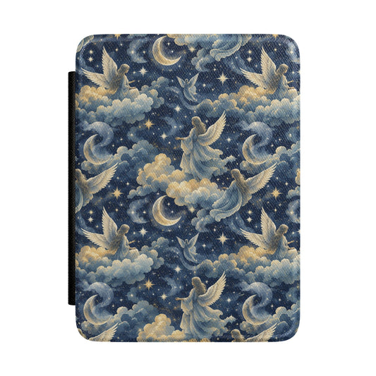 Midnight blue Kindle Paperwhite case with gold angels, crescent moons and stars front cover — Dark Romantasy celestial gift