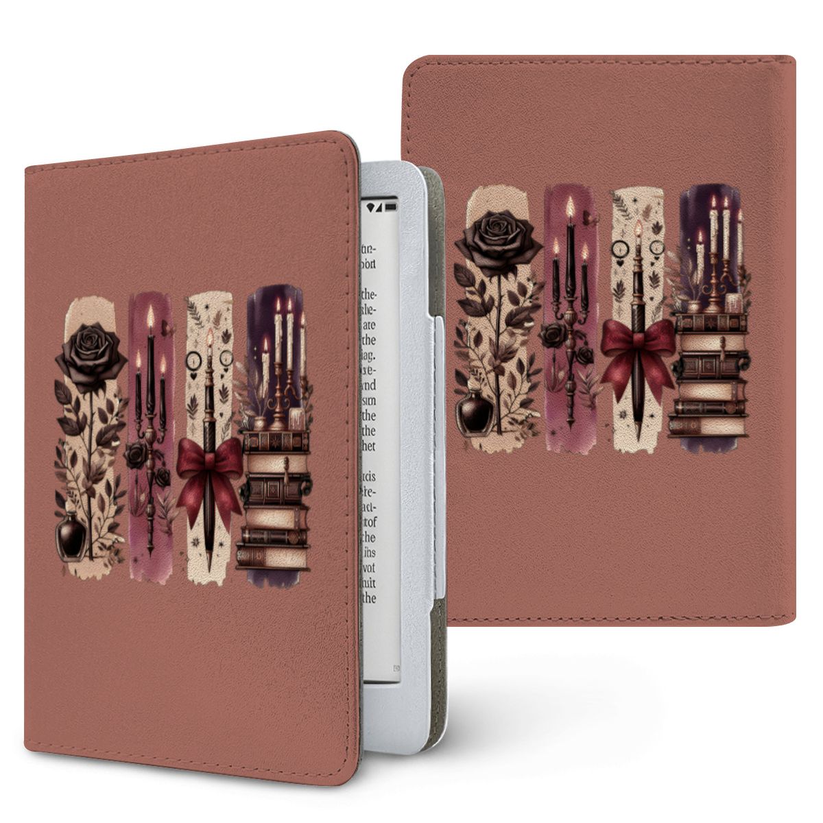 Dark Academia Kindle case, front and back — candles, black rose, keys, burgundy bow and old books on dusty rose