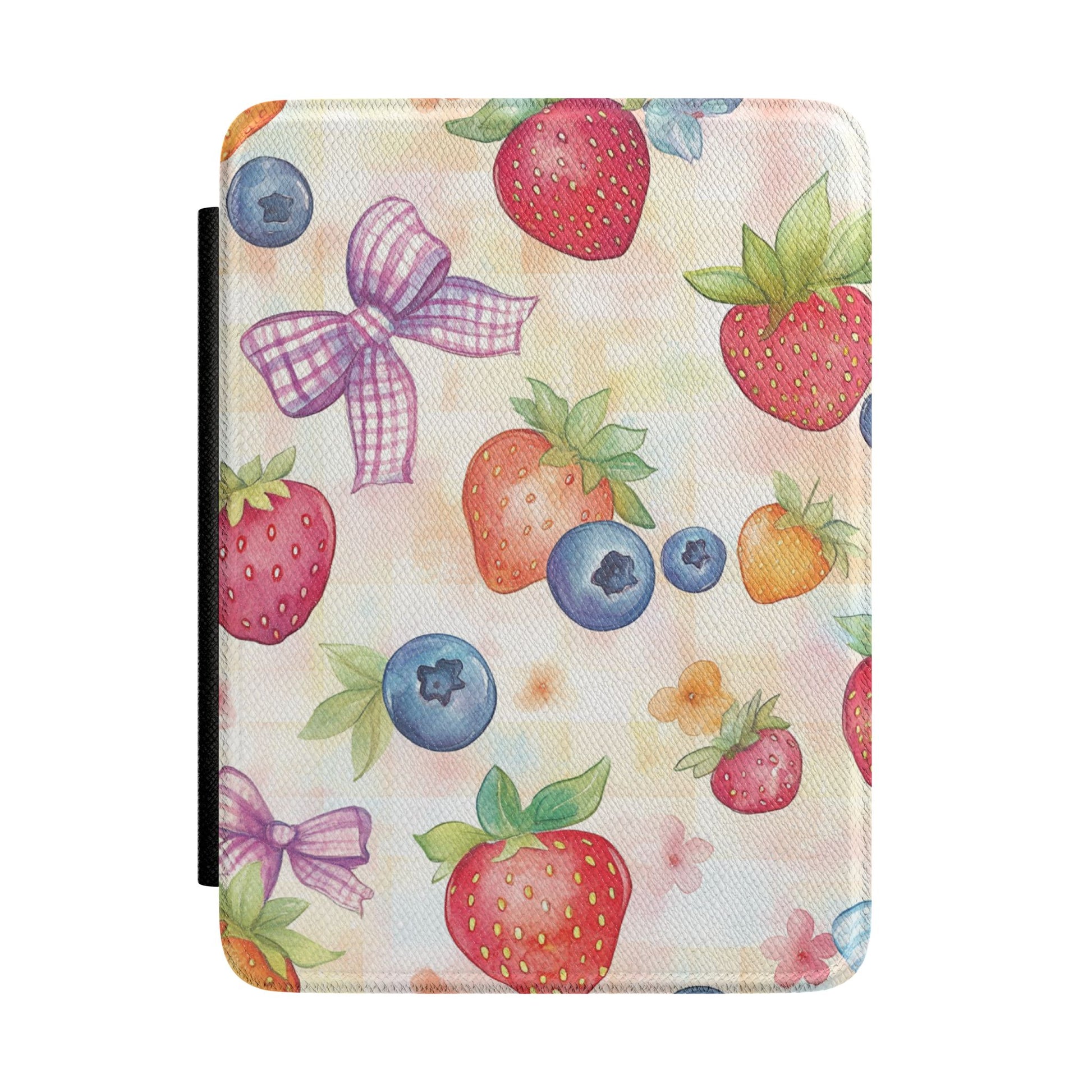 Cream Kindle Paperwhite case with watercolour strawberries, blueberries and gingham bows front cover — Coquette Reader summer gift