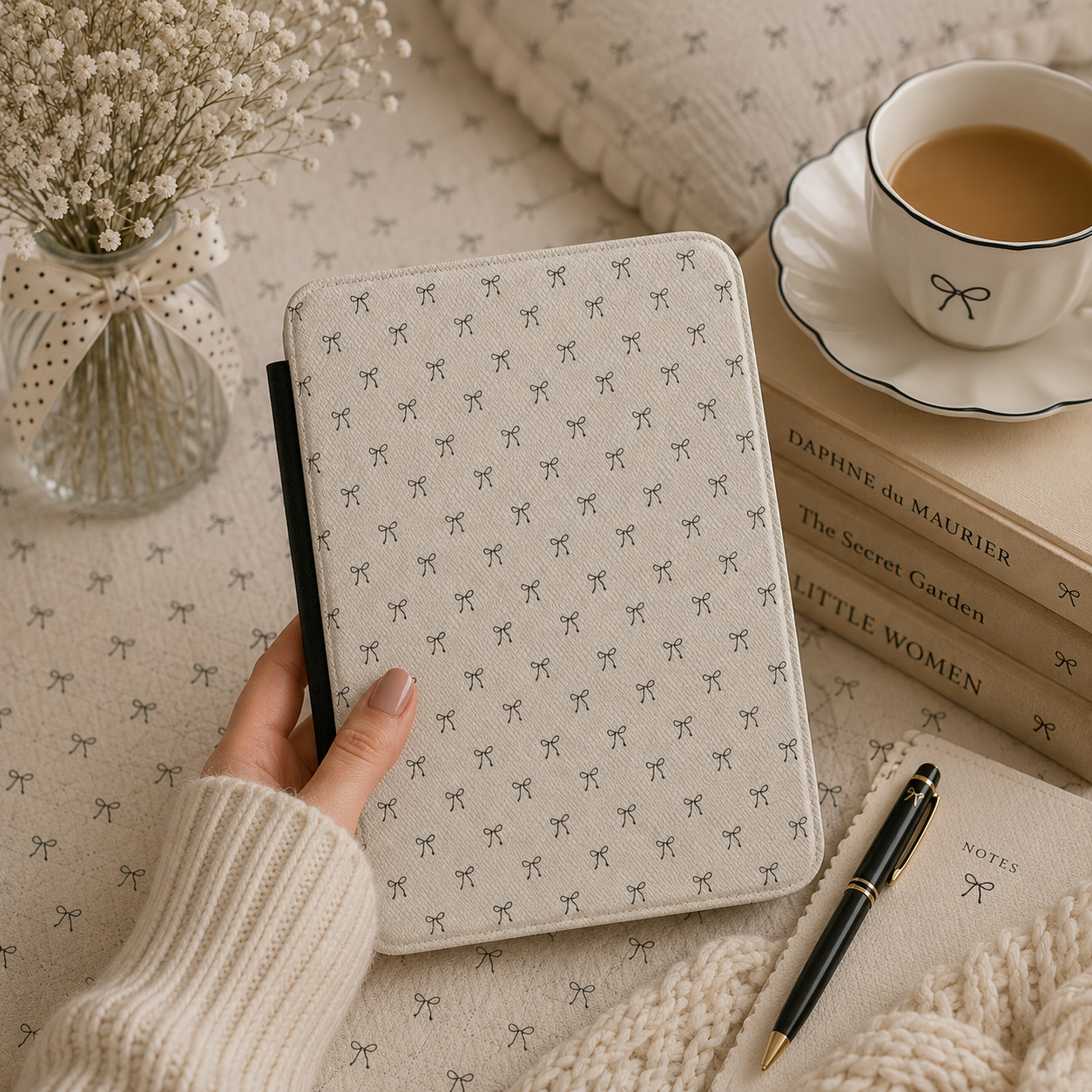 Close-up of Black Bows Saffiano Kindle case
