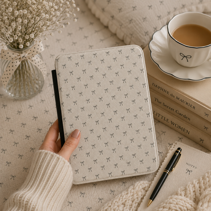 Close-up of Black Bows Saffiano Kindle case