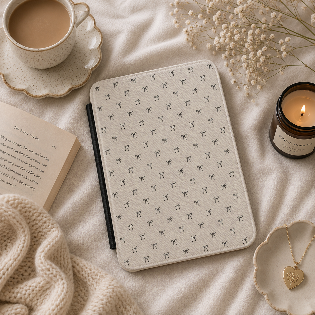 Black Bows Kindle case front cover — black bows print