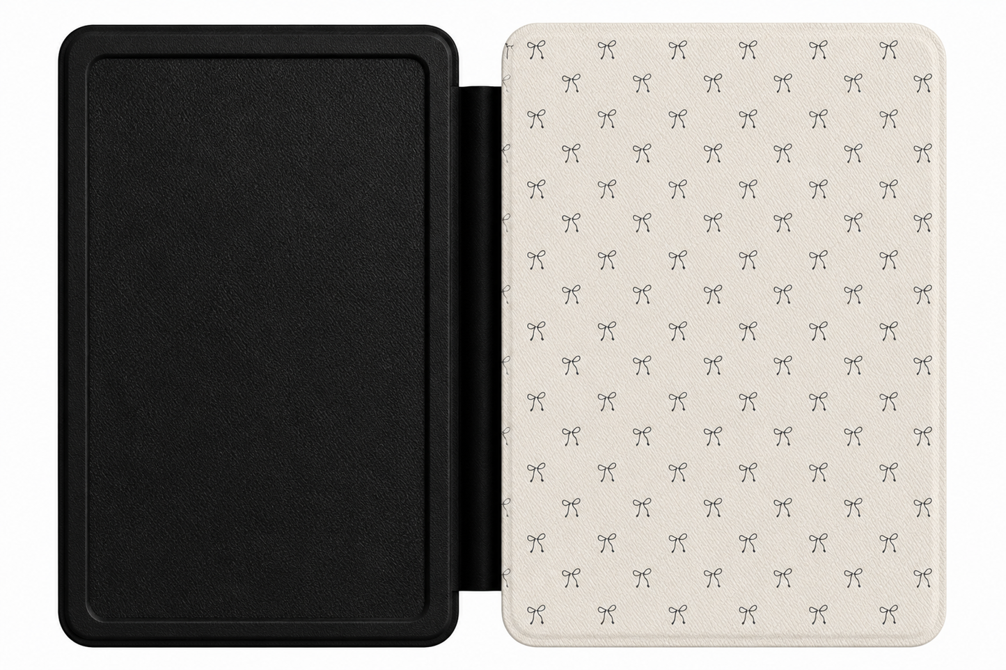 Black Bows Kindle case open showing e-ink Kindle on right interior panel