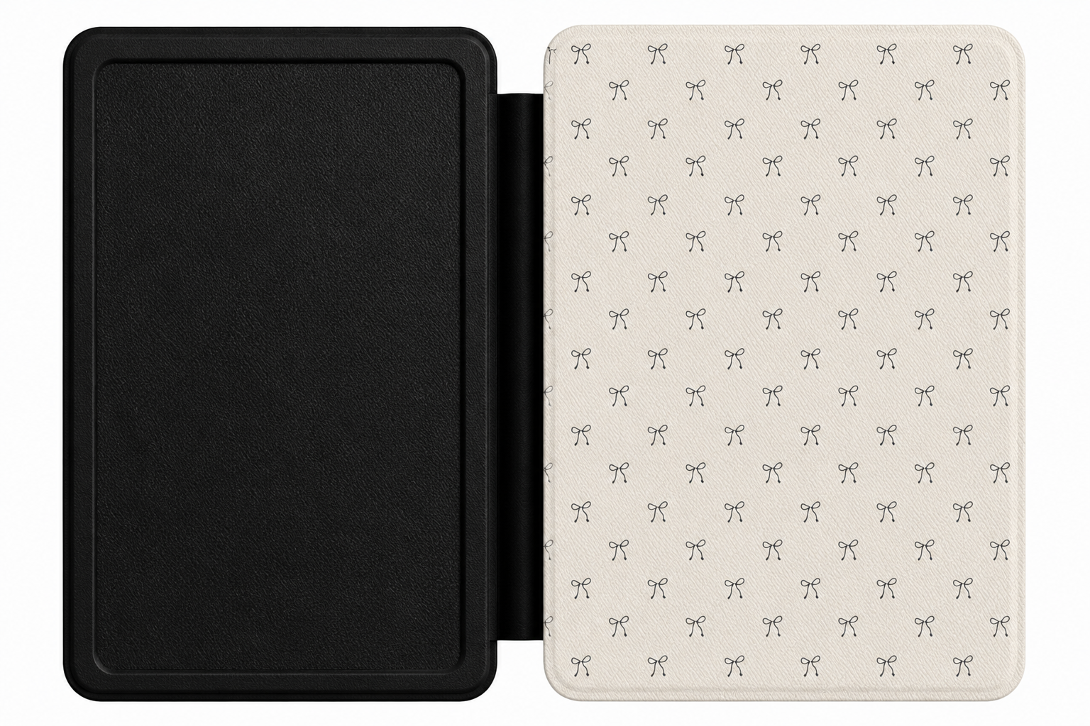 Black Bows Kindle case open showing e-ink Kindle on right interior panel