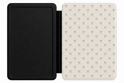 Black Bows Kindle case open showing e-ink Kindle on right interior panel