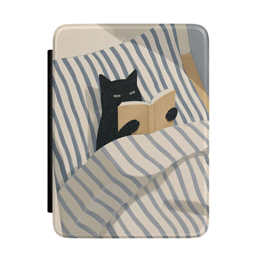 Black Cat Reading in Bed Kindle Case - front view