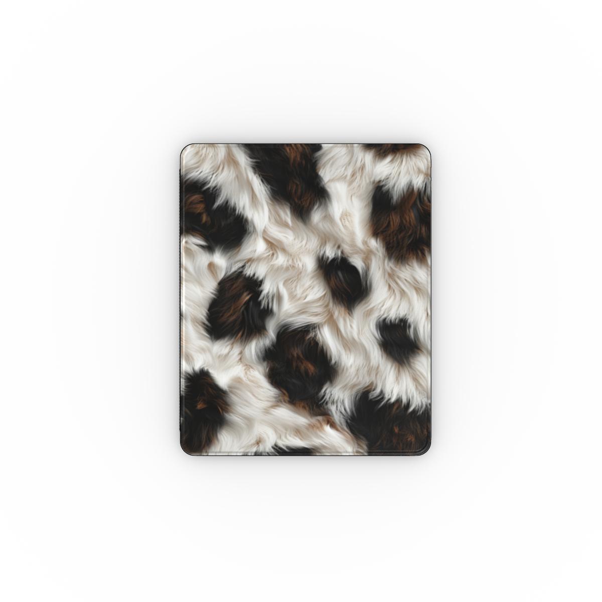 Black cowhide iPad case open, showing the stand fold and interior