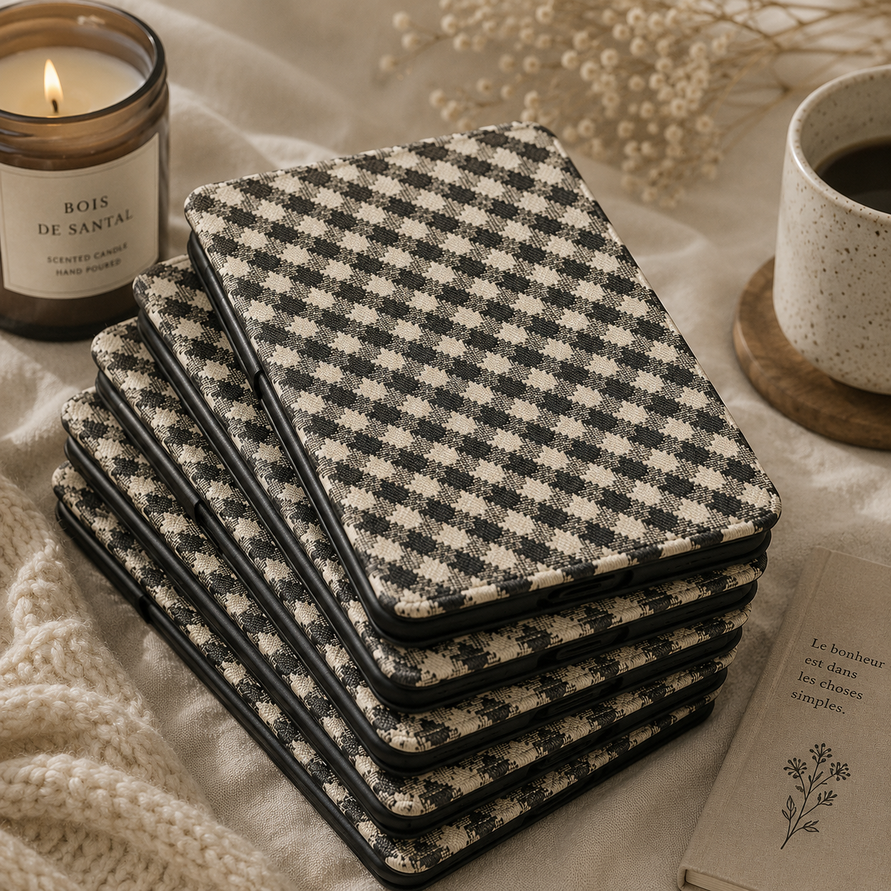 Black Cream Check Kindle case shown at an angle