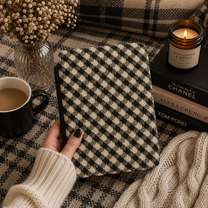 Close-up of Black Cream Check Saffiano Kindle case