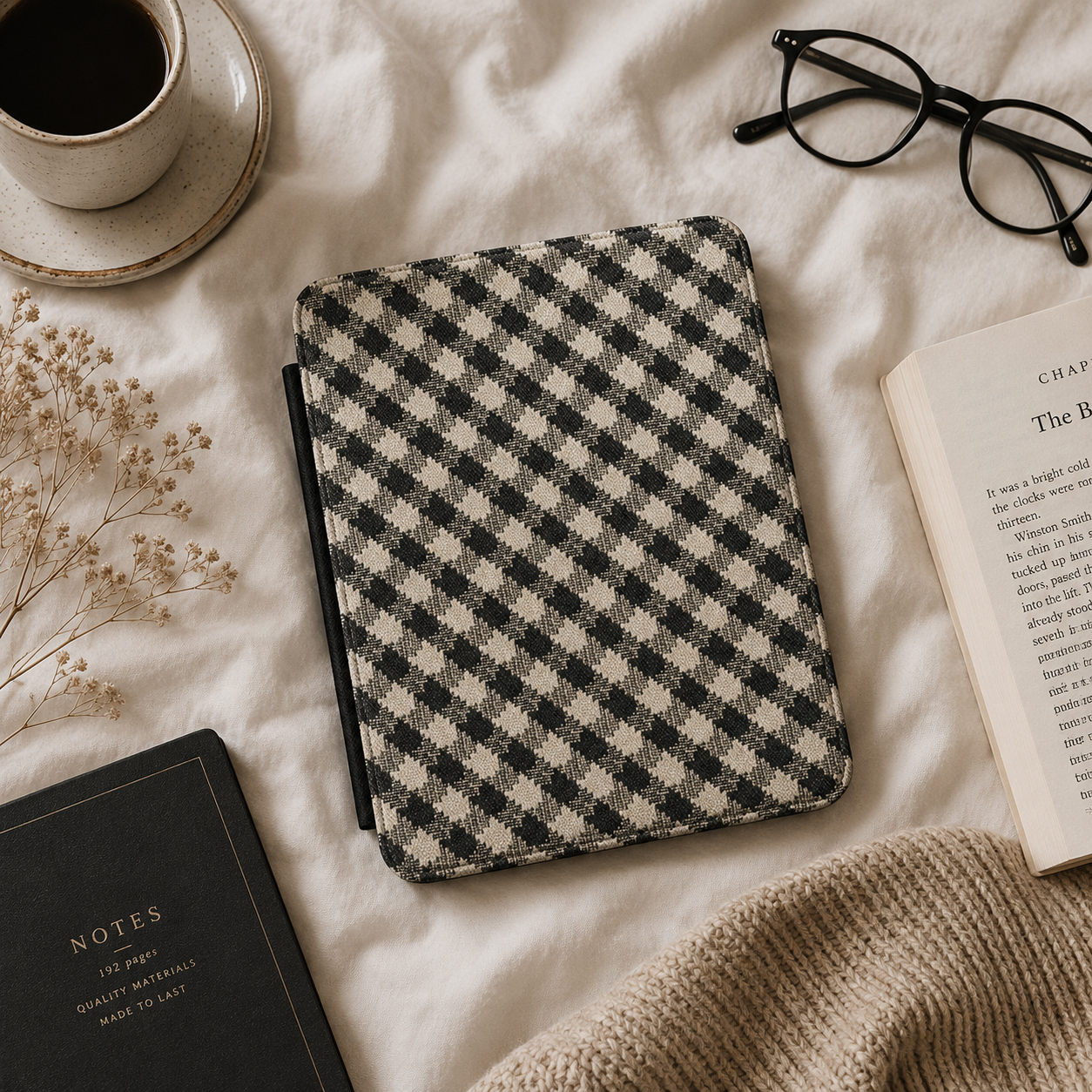 Black Cream Check Kindle case front cover — black and cream check print