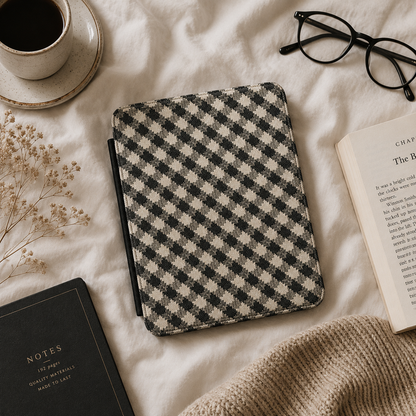 Black Cream Check Kindle case front cover — black and cream check print