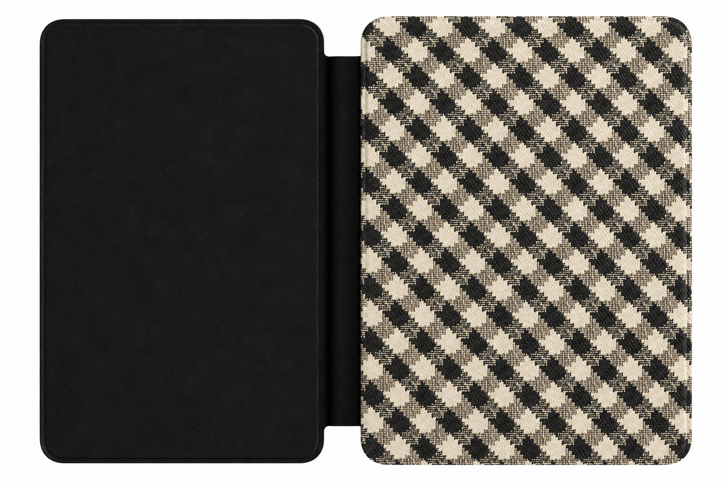 Black Cream Check Kindle case open showing e-ink Kindle on right interior panel