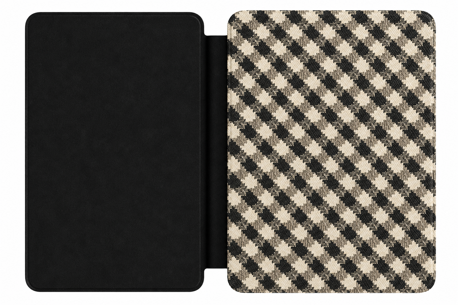 Black Cream Check Kindle case open showing e-ink Kindle on right interior panel