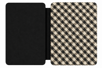 Black Cream Check Kindle case open showing e-ink Kindle on right interior panel