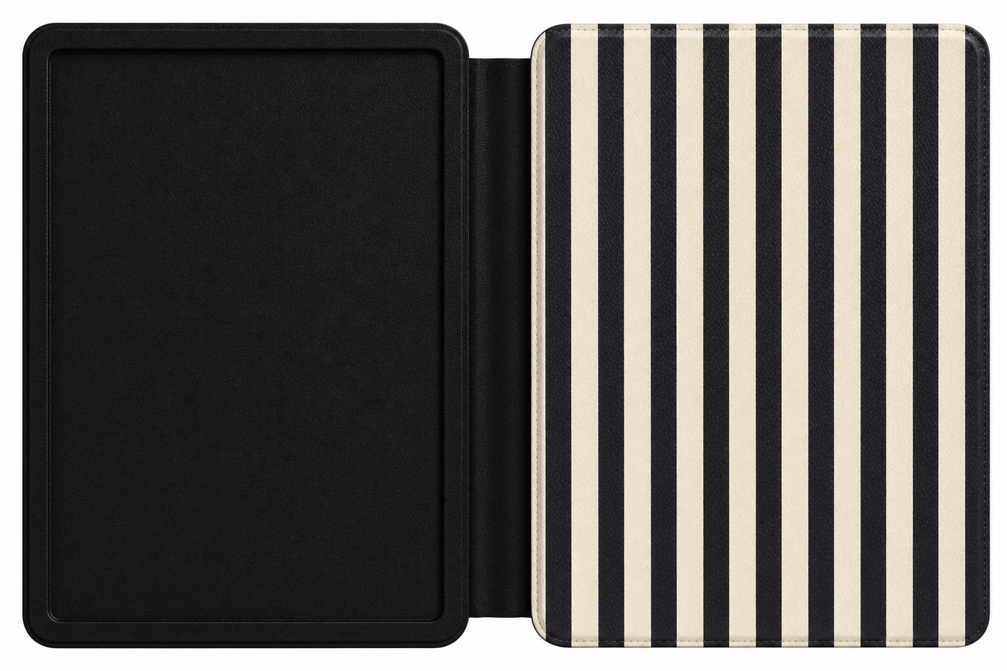 Close-up of Black Cream Stripe Saffiano Kindle case