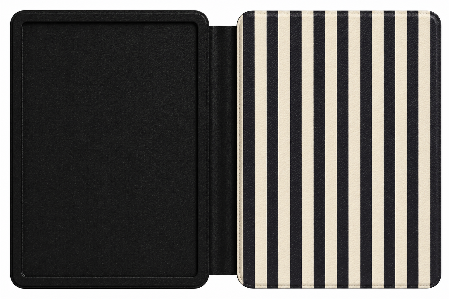 Close-up of Black Cream Stripe Saffiano Kindle case
