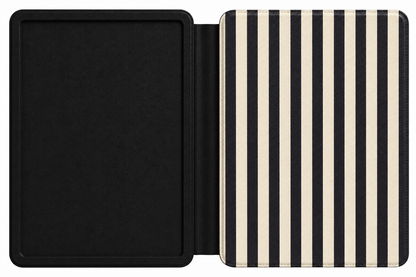 Close-up of Black Cream Stripe Saffiano Kindle case