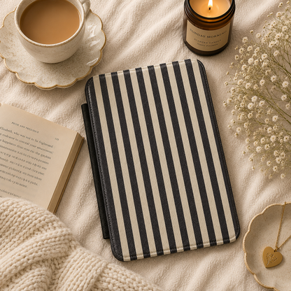 Black Cream Stripe Kindle case front cover — black and cream stripe print