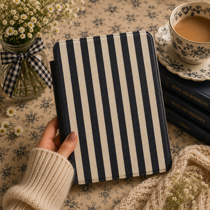 Black Cream Stripe Kindle case open showing e-ink Kindle on right interior panel