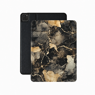 Black and gold marble iPad case in vegan Saffiano leather — gold-veined dark stone print
