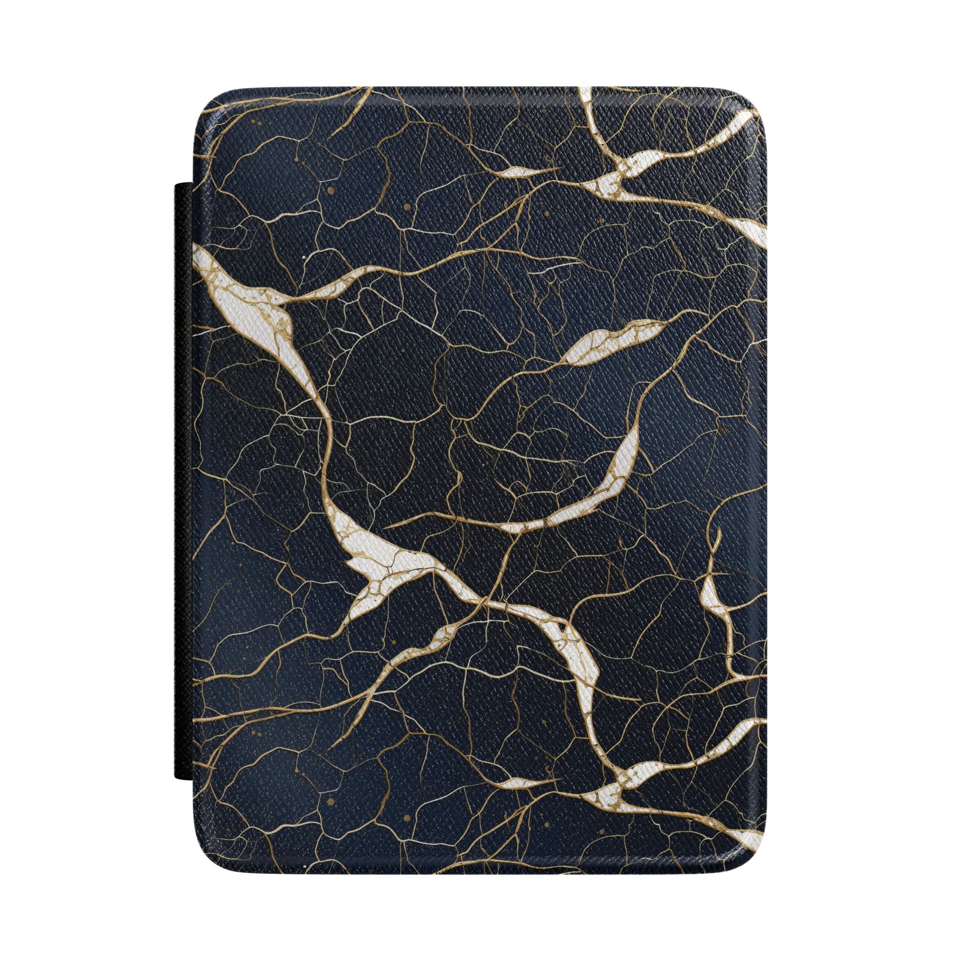 Near-black navy Kindle Paperwhite case with gold cracks and white marble seams front cover — Maison Noir gift