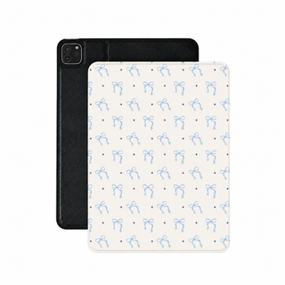 Blue bow iPad case in cream with pale blue ribbon bows and navy dots